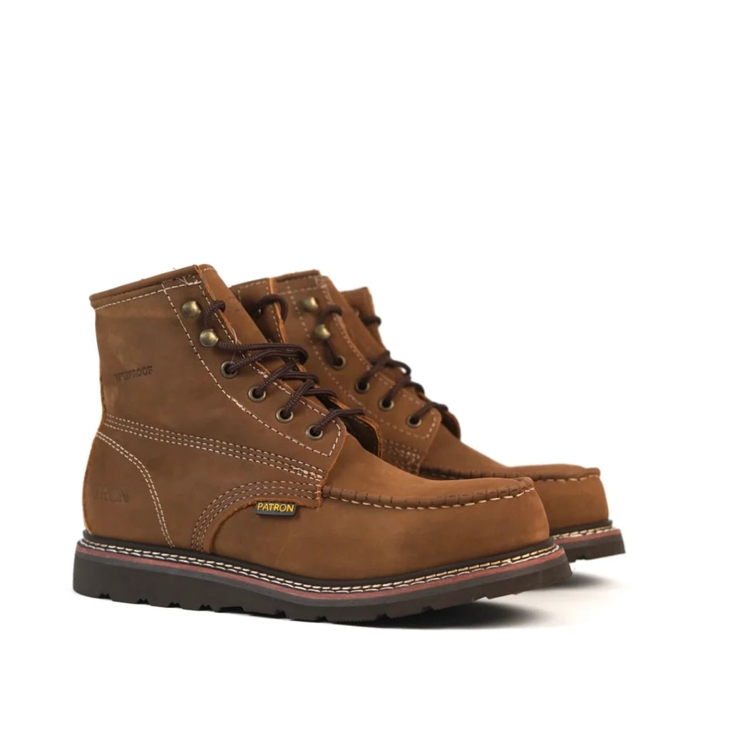 Patron Men’s Waterproof Lace-Up Work Boots, Crazy Horse Leather with Wedge Sole, Moc Toe - Brown - OriginalWestern.com