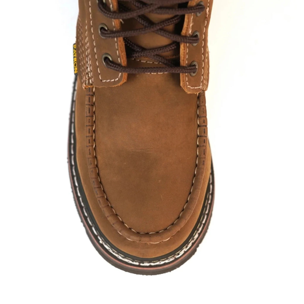 Patron Men’s Waterproof Lace-Up Work Boots, Crazy Horse Leather with Wedge Sole, Moc Toe - Brown - OriginalWestern.com