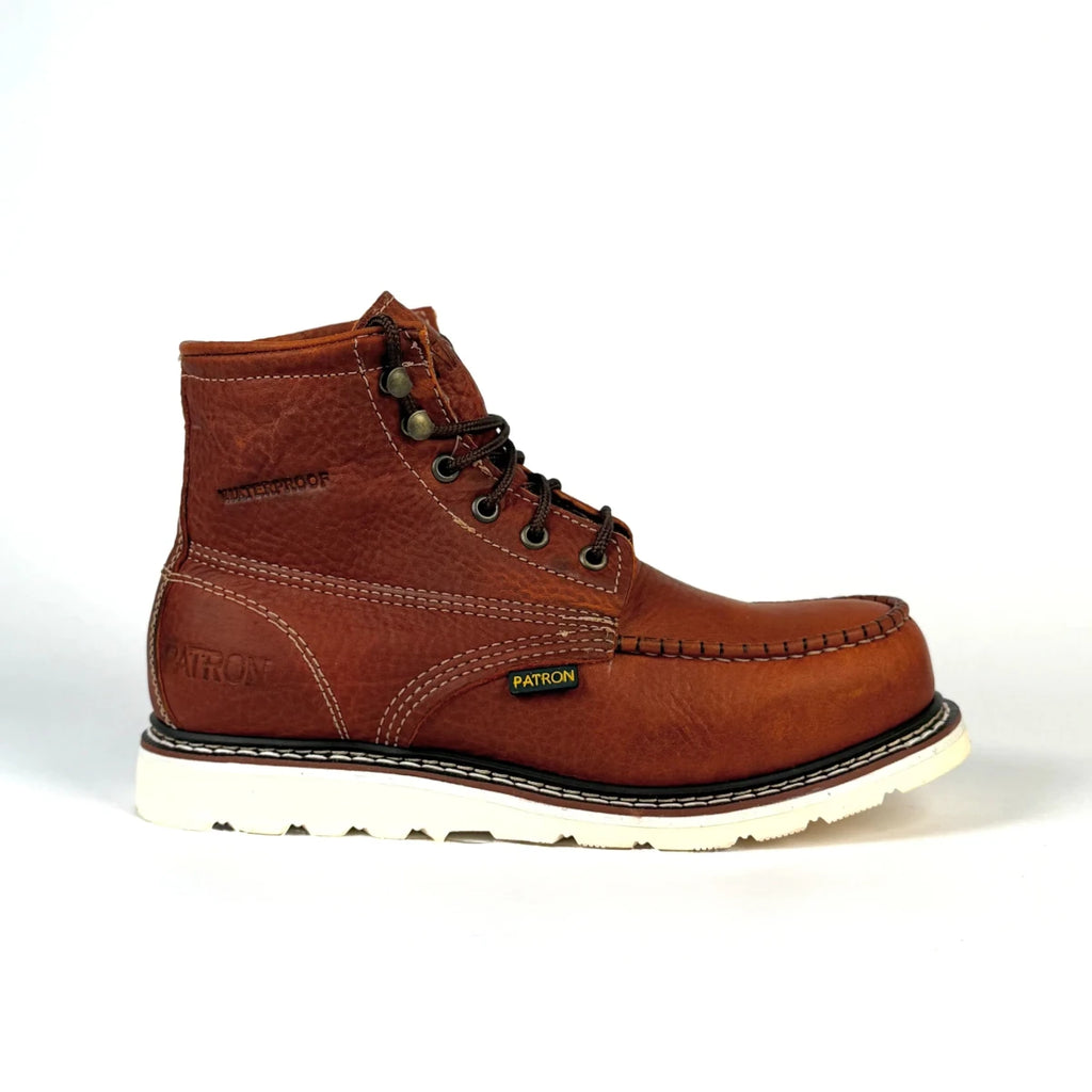 Patron Men’s Waterproof Lace-Up Work Boots, Pebbled Leather with Wedge Sole, Moc Toe - Light Brown - OriginalWestern.com