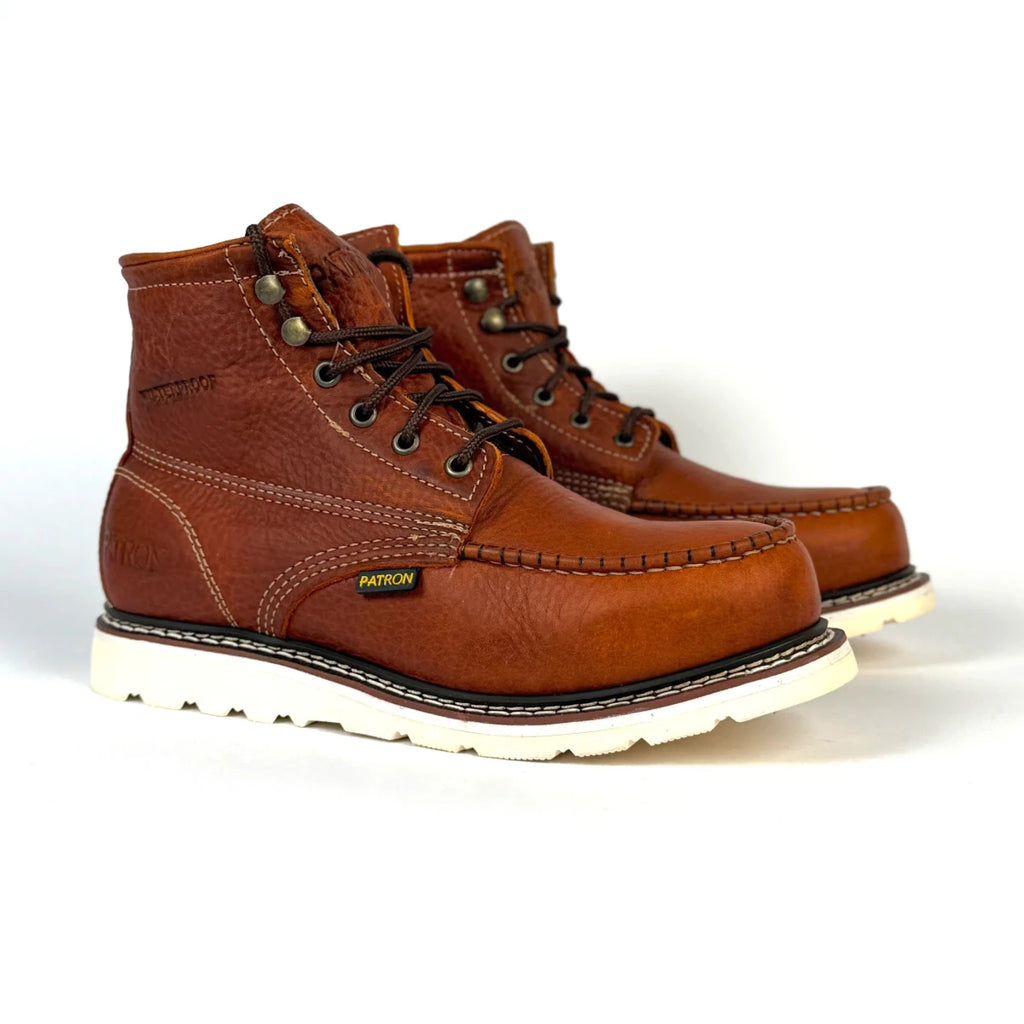 Patron Men’s Waterproof Lace-Up Work Boots, Pebbled Leather with Wedge Sole, Moc Toe - Light Brown - OriginalWestern.com