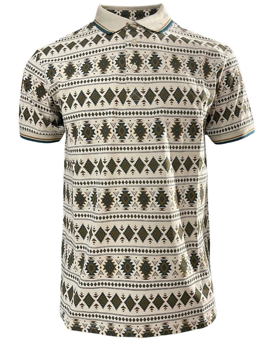 Lamasini - Men’s Beige Polo with Southwestern Geometric Print  28222