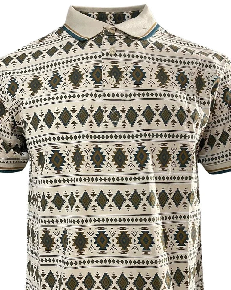 Lamasini - Men’s Beige Polo with Southwestern Geometric Print  28222