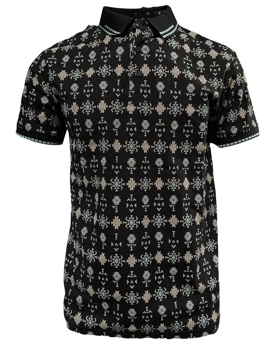 Lamasini - Men’s Black Polo with Southwestern-Inspired Geometric Print  28221