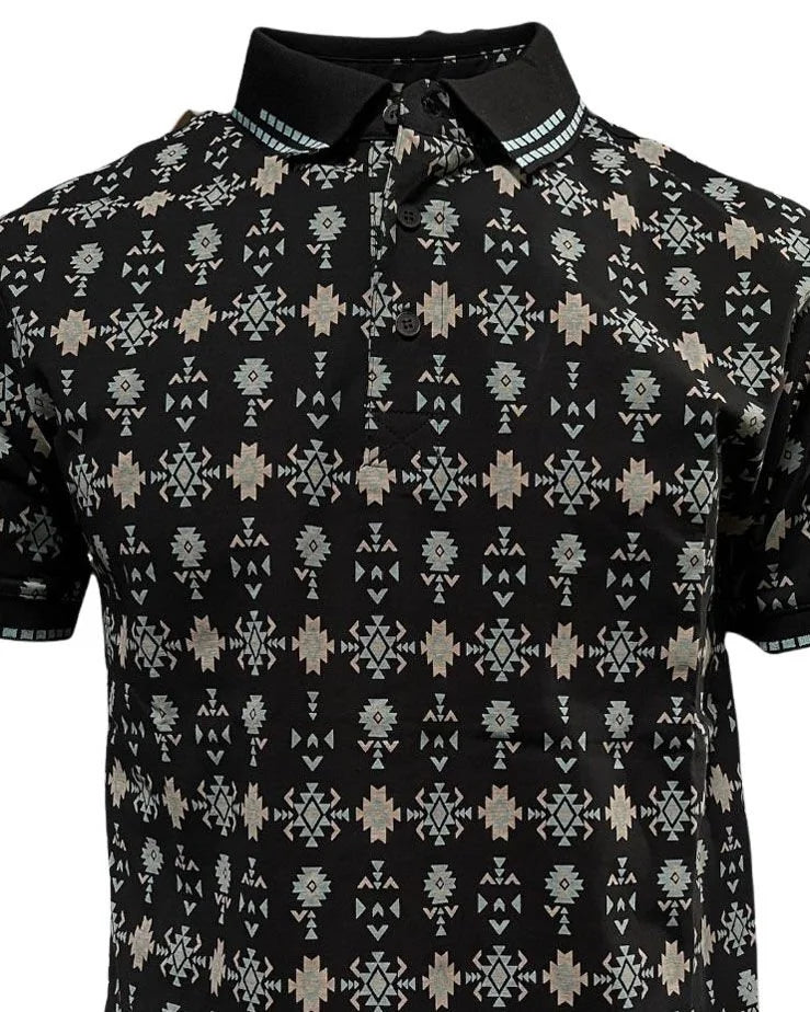 Lamasini - Men’s Black Polo with Southwestern-Inspired Geometric Print  28221