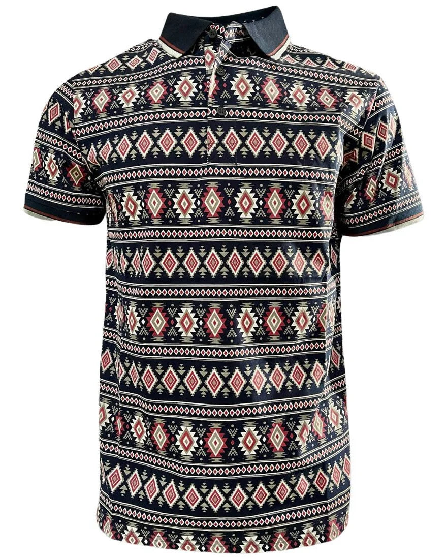 Lamasini - Men’s Navy Polo with Southwestern Geometric Print 28222