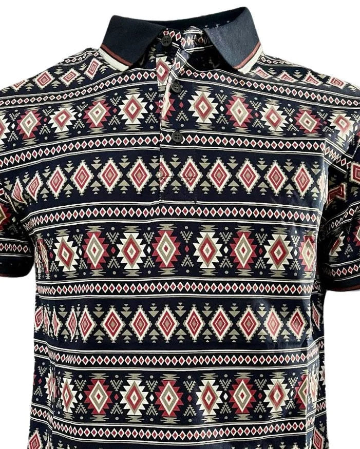 Lamasini - Men’s Navy Polo with Southwestern Geometric Print 28222