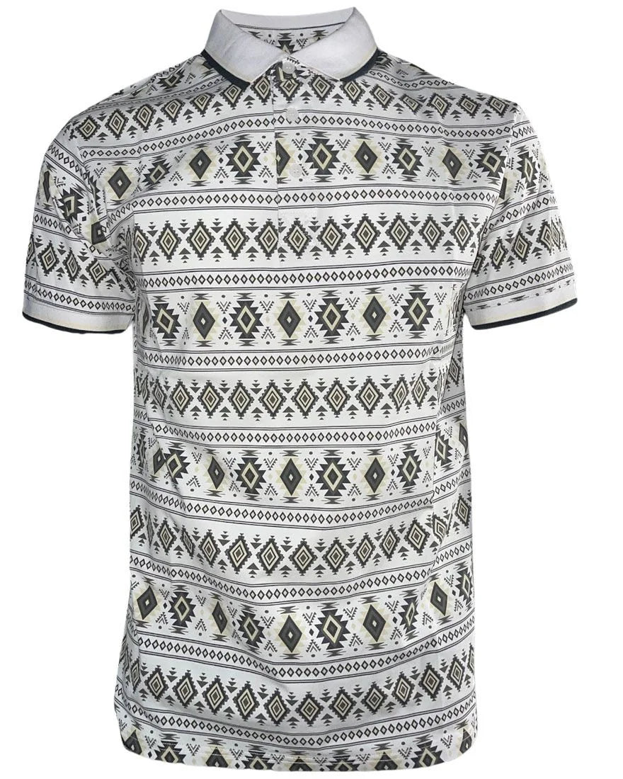 Lamasini - Men’s White Polo with Western Geometric Print 28222