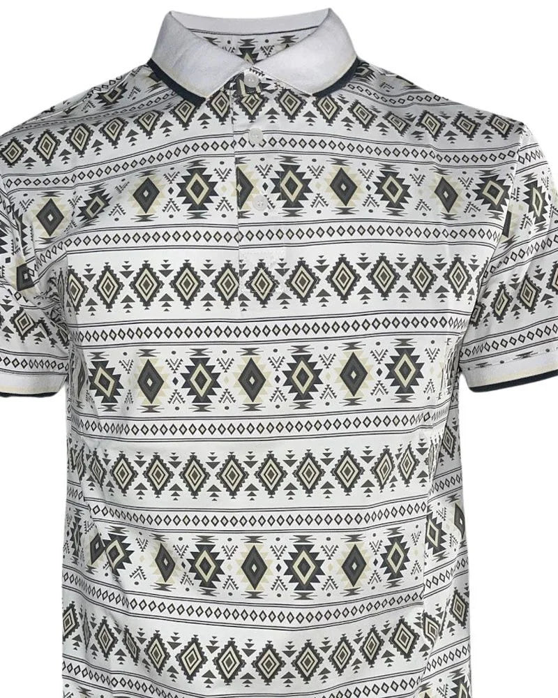 Lamasini - Men’s White Polo with Western Geometric Print 28222