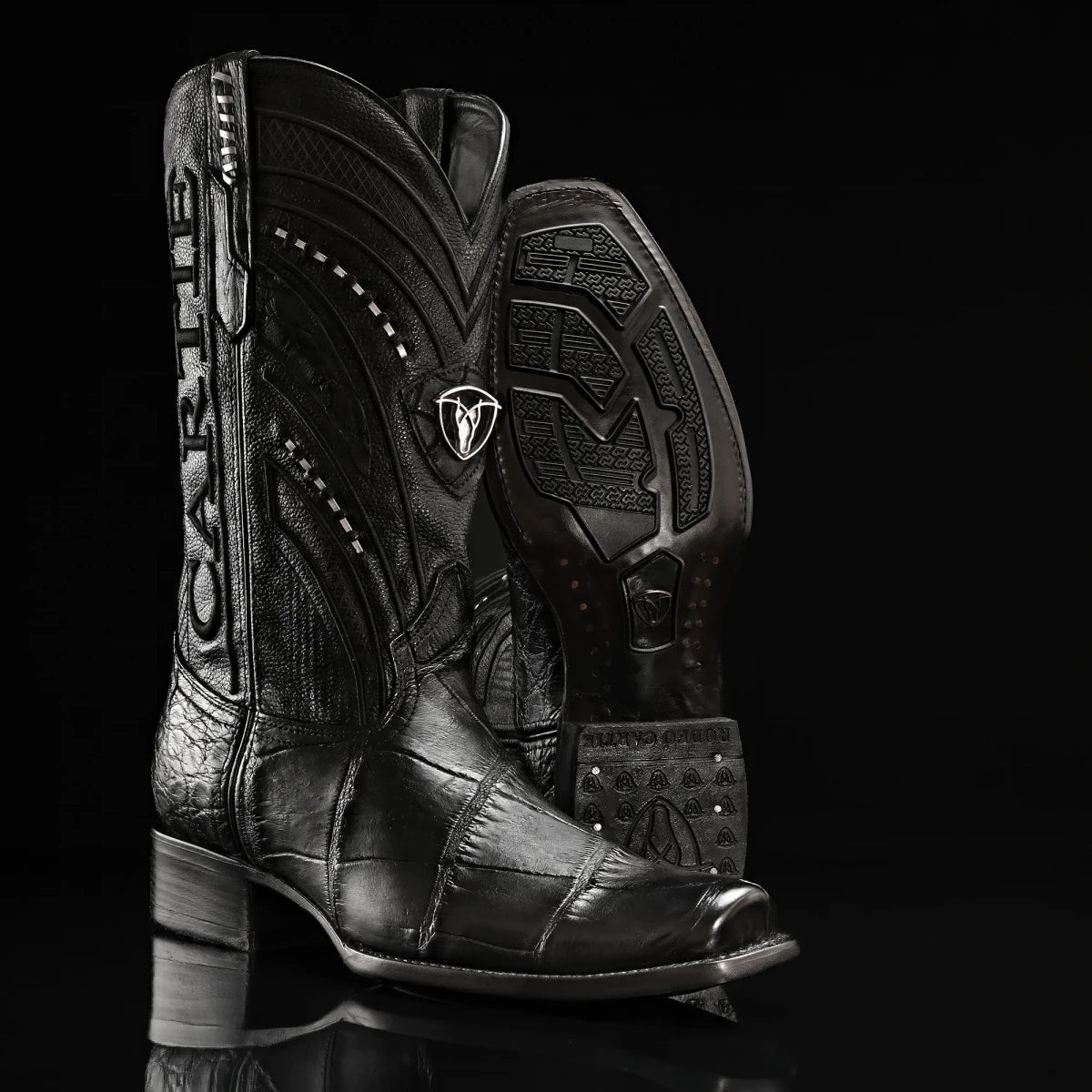 Rodeo Cartie Genuine Exotic American Alligator Skin Dubai Square Toe Cowboy Boots - Black - OriginalWestern.com