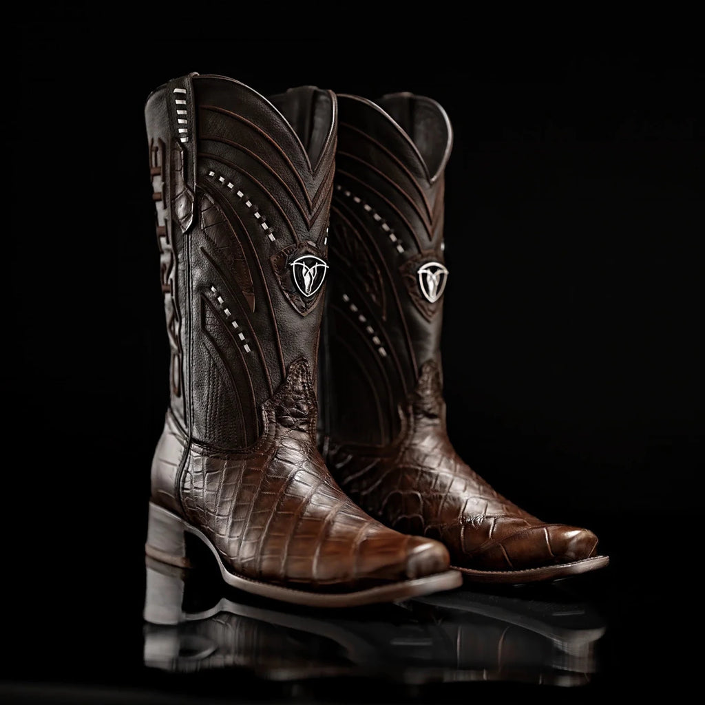 Rodeo Cartie Genuine Exotic American Alligator Skin Dubai Square Toe Cowboy Boots - Brown - OriginalWestern.com