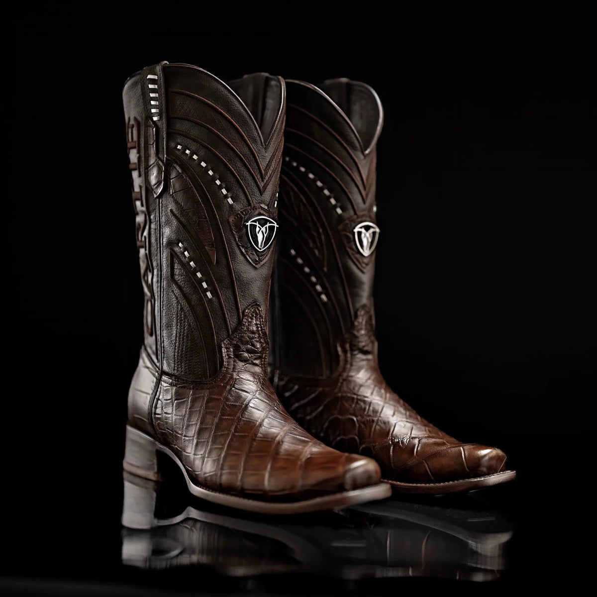 Rodeo Cartie Genuine Exotic American Alligator Skin Dubai Square Toe Cowboy Boots - Brown - OriginalWestern.com