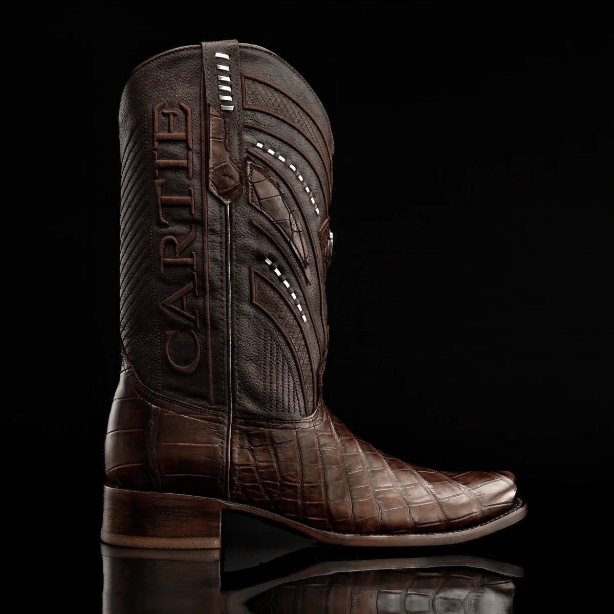 Rodeo Cartie Genuine Exotic American Alligator Skin Dubai Square Toe Cowboy Boots - Brown - OriginalWestern.com