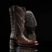 Rodeo Cartie Genuine Exotic American Alligator Skin Dubai Square Toe Cowboy Boots - Brown - OriginalWestern.com
