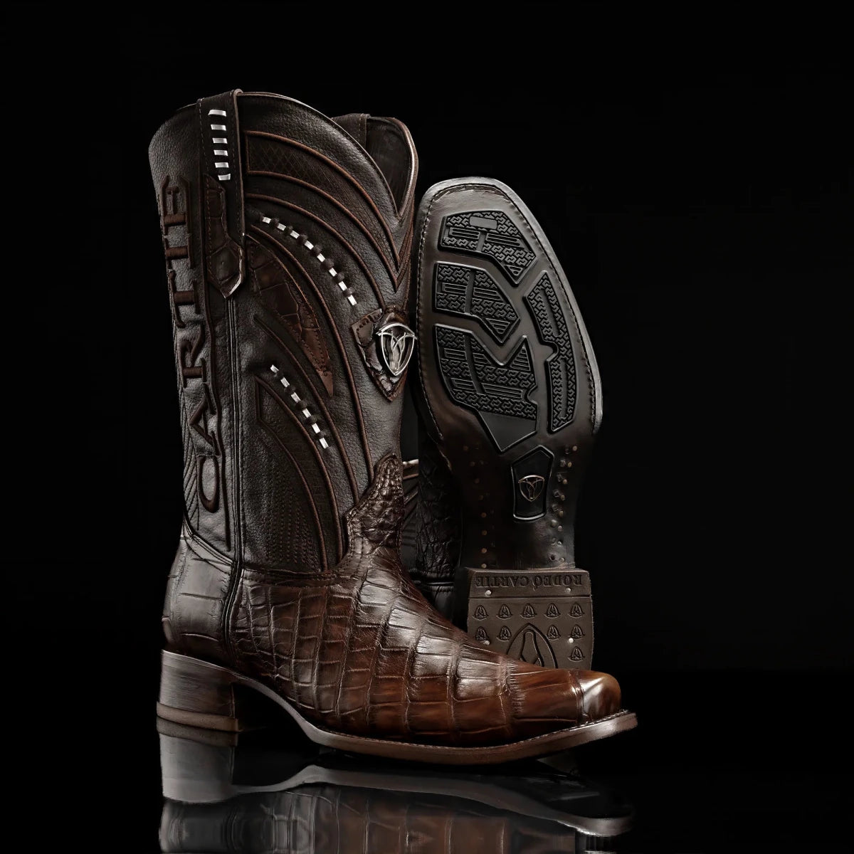 Rodeo Cartie Genuine Exotic American Alligator Skin Dubai Square Toe Cowboy Boots - Brown - OriginalWestern.com