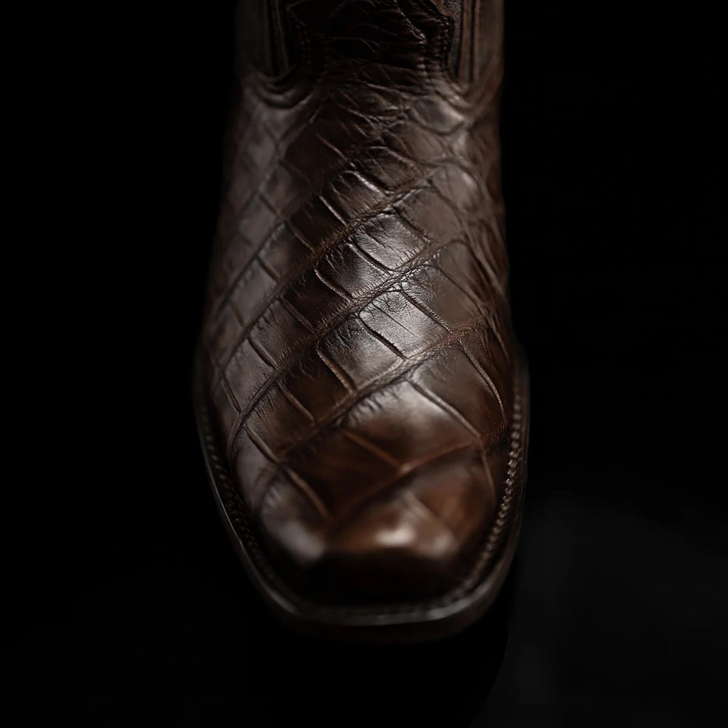Rodeo Cartie Genuine Exotic American Alligator Skin Dubai Square Toe Cowboy Boots - Brown - OriginalWestern.com