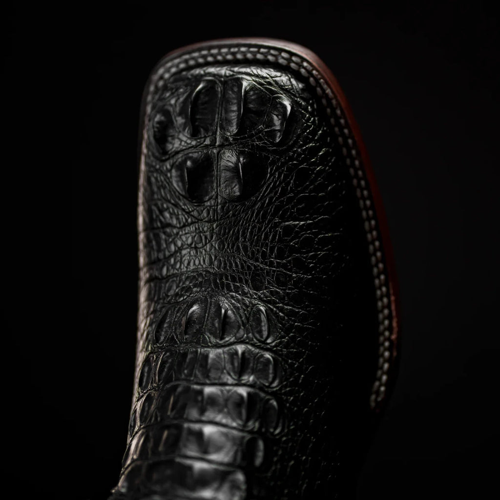 Rodeo Cartie Hornback Caiman Print Square Toe Cowboy Boots - Black - OriginalWestern.com