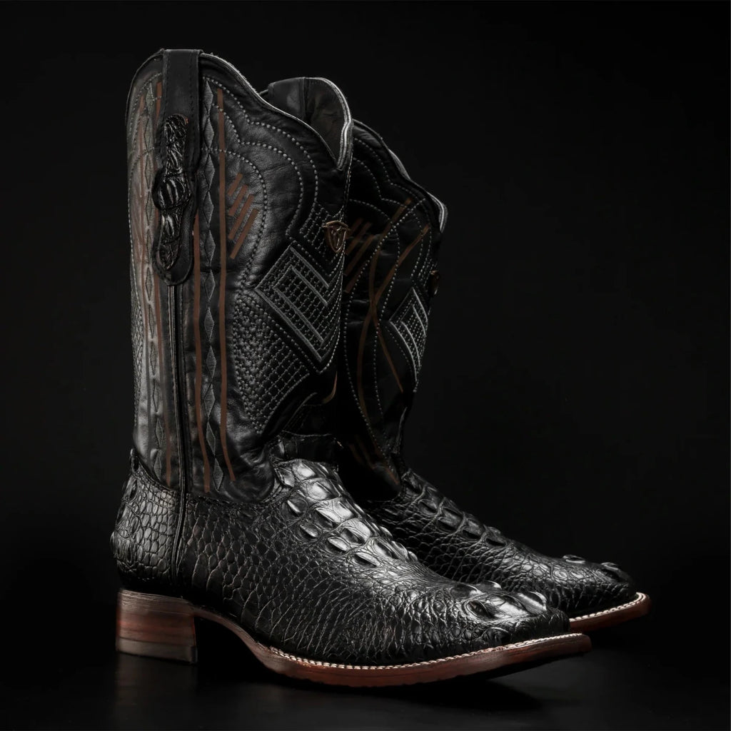Rodeo Cartie Hornback Caiman Print Square Toe Cowboy Boots - Black - OriginalWestern.com