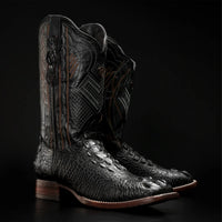 Rodeo Cartie Hornback Caiman Print Square Toe Cowboy Boots - Black - OriginalWestern.com