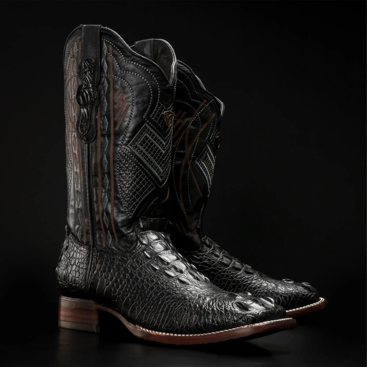 Rodeo Cartie Hornback Caiman Print Square Toe Cowboy Boots - Black - OriginalWestern.com