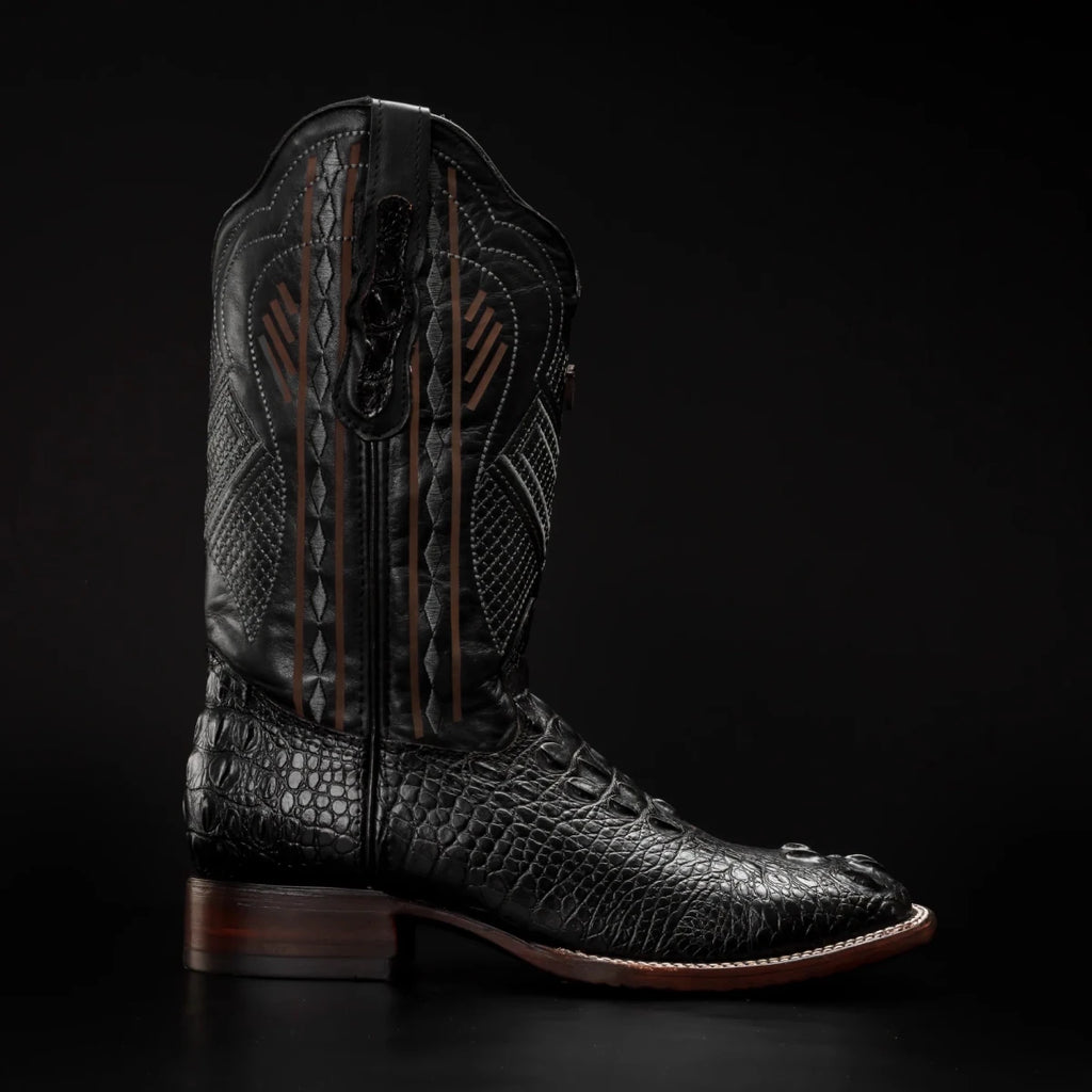 Rodeo Cartie Hornback Caiman Print Square Toe Cowboy Boots - Black - OriginalWestern.com
