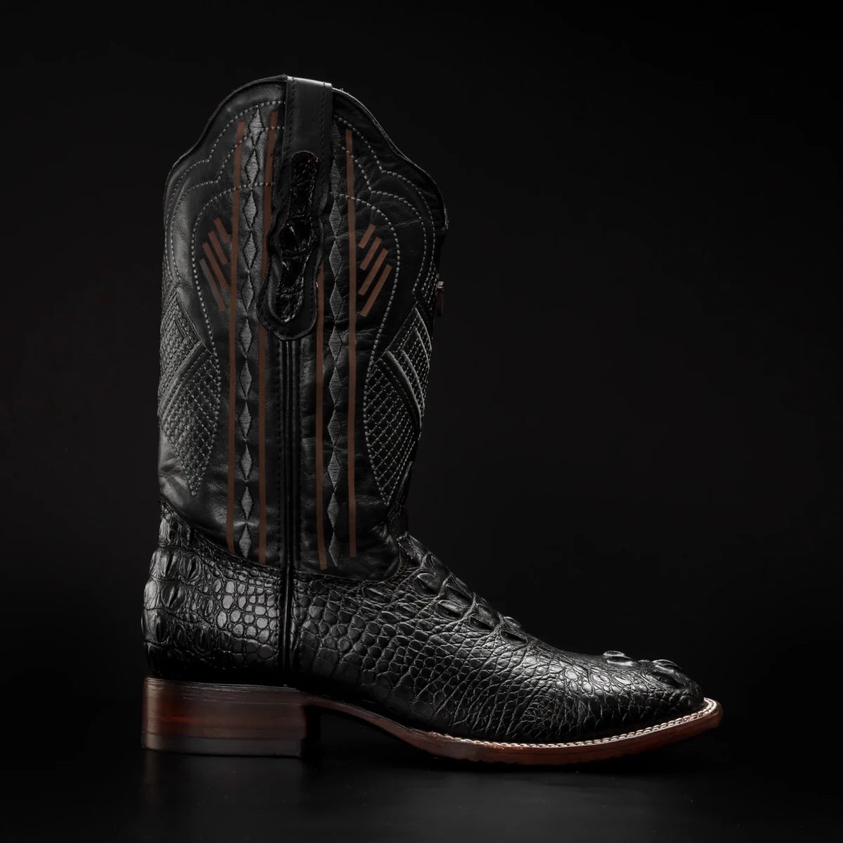 Rodeo Cartie Hornback Caiman Print Square Toe Cowboy Boots - Black - OriginalWestern.com