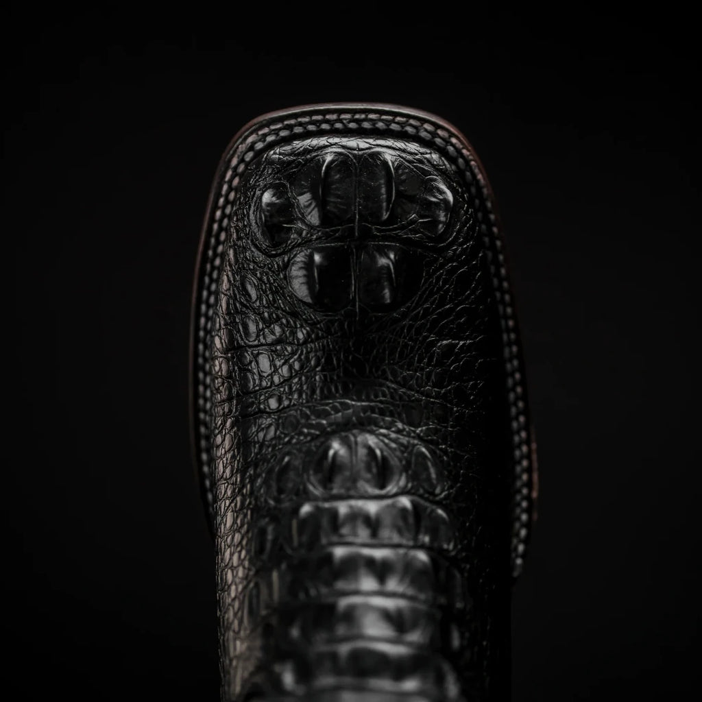 Rodeo Cartie Hornback Caiman Print Square Toe Cowboy Boots - Black - OriginalWestern.com