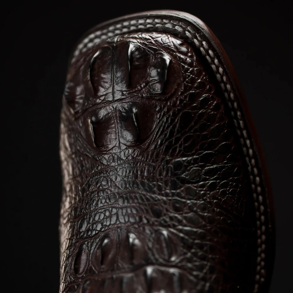 Rodeo Cartie Hornback Caiman Print Square Toe Cowboy Boots - Brown - OriginalWestern.com