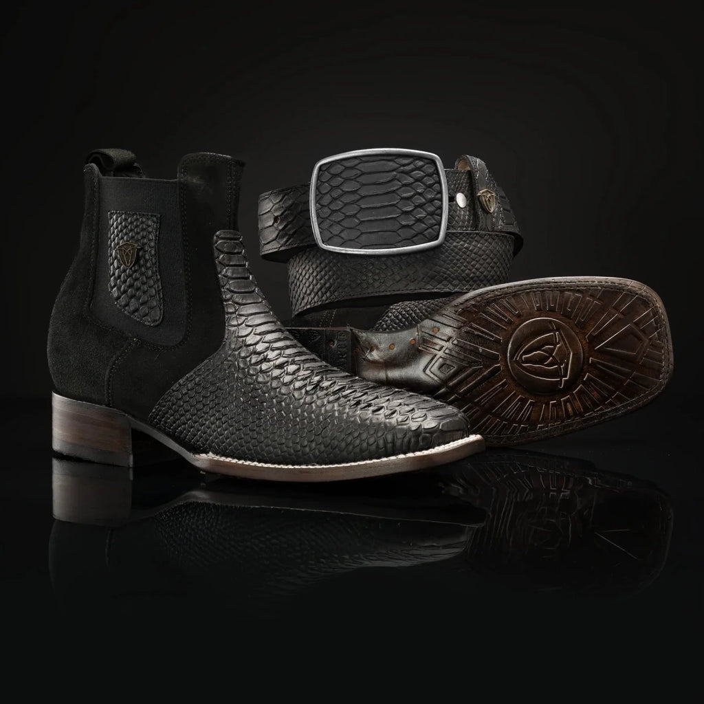 Rodeo Cartie Men”s Mamba Strike Phyton Square Toe Boot–Belt Combo Black - OriginalWestern.com