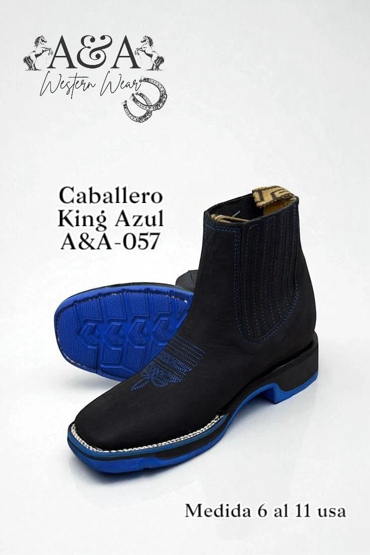 A&A Men's Nubuck Suede Leather Square Toe Ankle Boots Rubber Sole - Black & Blue