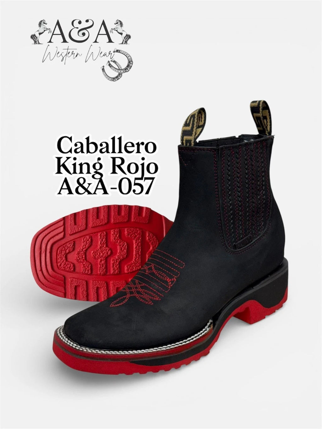 A&A Men's Nubuck Suede Leather Square Toe Ankle Boots Rubber Sole - Black & Red