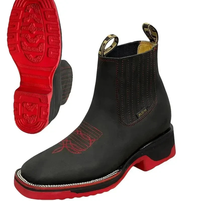 A&A Men's Nubuck Suede Leather Square Toe Ankle Boots Rubber Sole - Black & Red