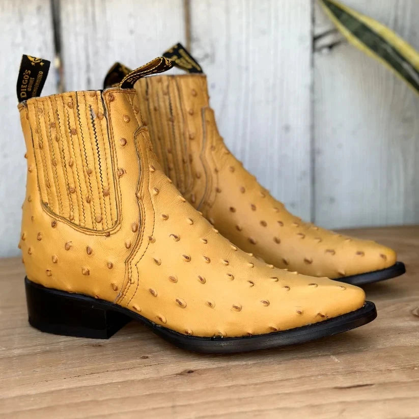 Men's Full Quill Ostrich Print J-Toe Short Ankle Western Cowboy Boots - Buttercup