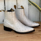 Men's Full Quill Ostrich Print J-Toe Short Ankle Western Cowboy Boots - Bone