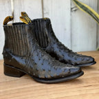 Men's Full Quill Ostrich Print J-Toe Short Ankle Western Cowboy Boots - Black