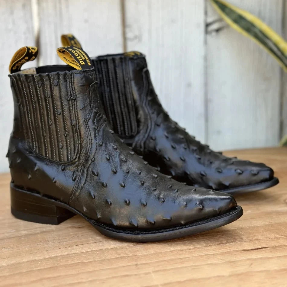 Men's Full Quill Ostrich Print J-Toe Short Ankle Western Cowboy Boots - Black