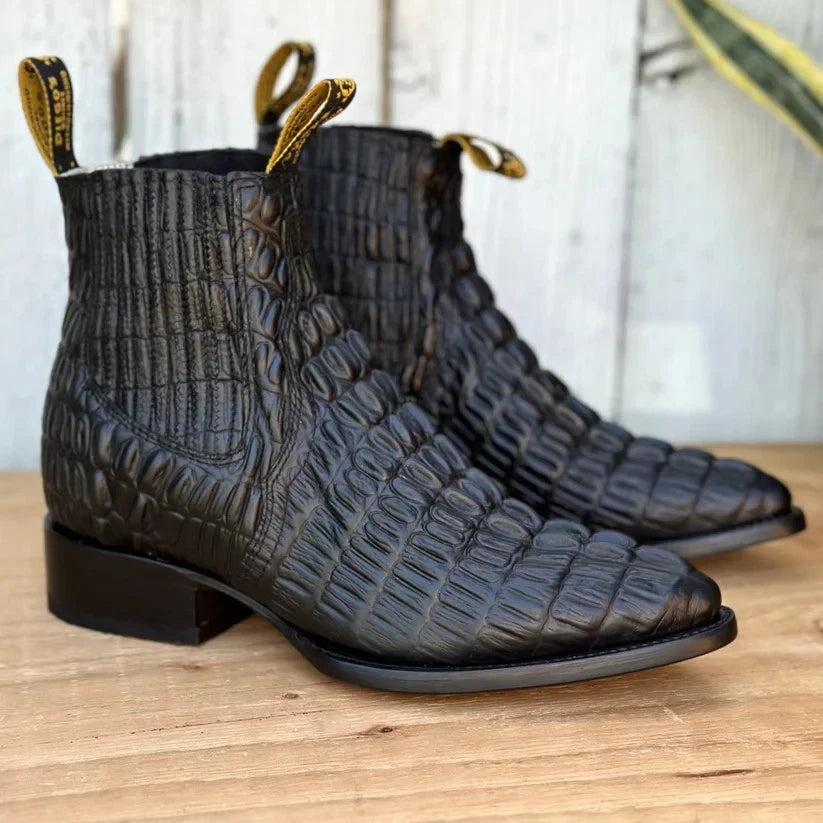Men's Caiman Alligator Print J-Toe Short Ankle Western Cowboy Boots - Black