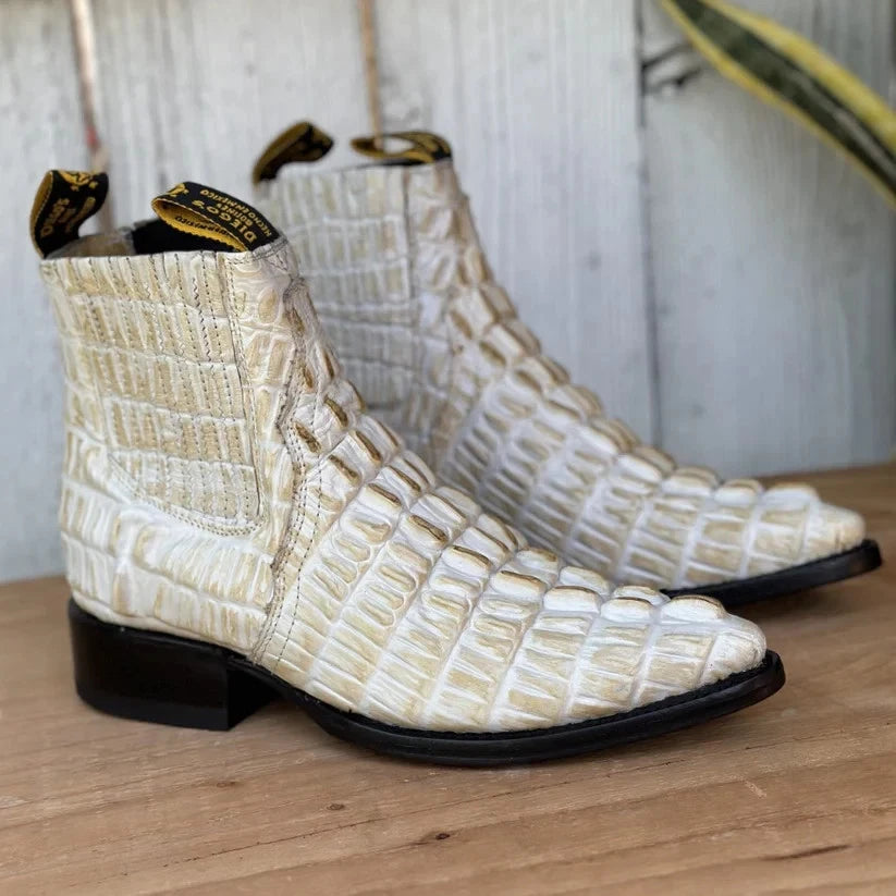 Men's Caiman Alligator Print J-Toe Short Ankle Western Cowboy Boots - Bone