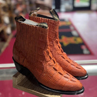Men's Caiman Alligator Print J-Toe Short Ankle Western Cowboy Boots - Cognac
