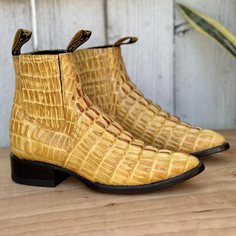 Men's Caiman Alligator Print J-Toe Short Ankle Western Cowboy Boots - Buttercup