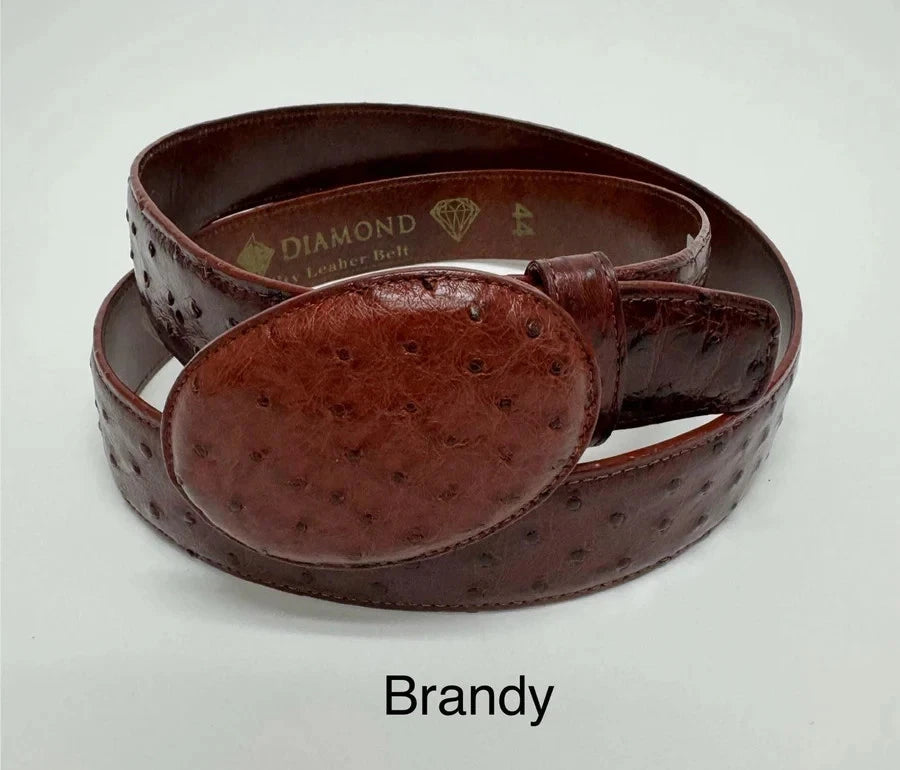 Genuine Exotic Full Quill Ostrich Skin Cowboy Belt with Removable Buckle - Brandy