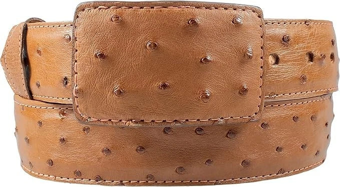 Genuine Exotic Full Quill Ostrich Skin Cowboy Belt with Removable Buckle - Cognac
