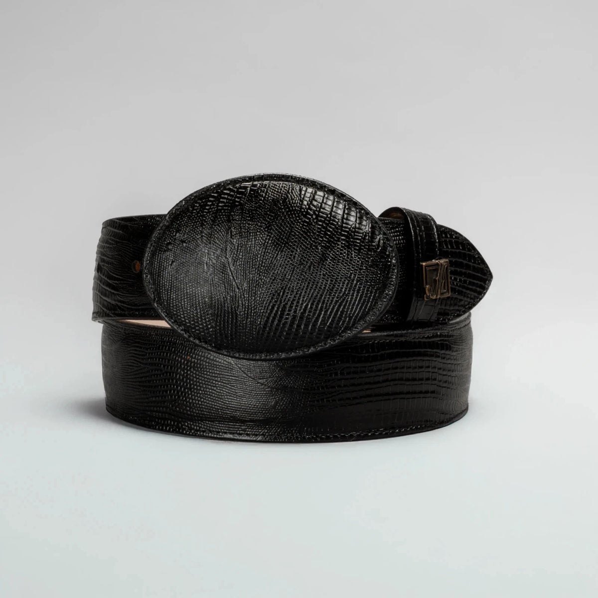 Exotic Lizard Leather Print Western Belt with Removable Buckle - Black