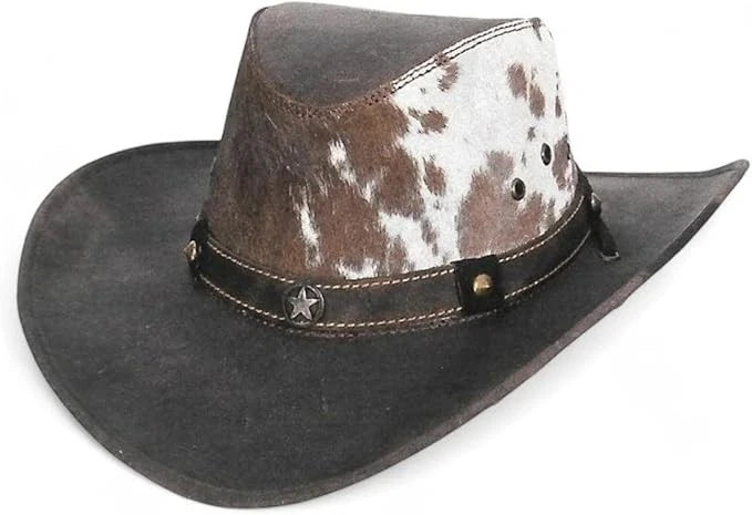 Genuine Leather Cowboy Western Hat for Men and Woman with Cowhide Hair-Brown