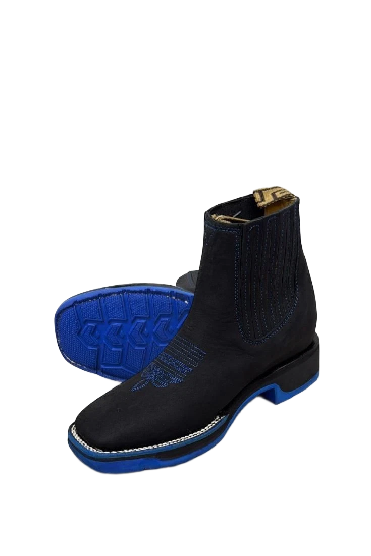 A&A Men's Nubuck Suede Leather Square Toe Ankle Boots Rubber Sole - Black & Blue