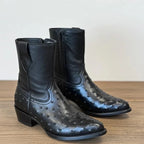White Diamonds Men's Ostrich Print Skinny Cowboy Boots with Zipper – Black