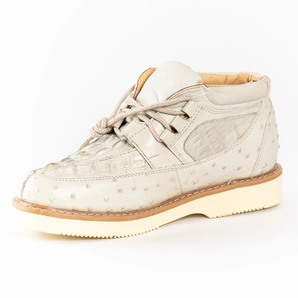 Men's Exotic Caiman and Ostrich Skin Print Casual Shoes - Winter White Bone