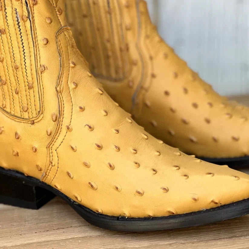 Men's Full Quill Ostrich Print J-Toe Short Ankle Western Cowboy Boots - Buttercup