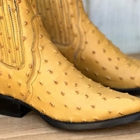 Men's Full Quill Ostrich Print J-Toe Short Ankle Western Cowboy Boots - Buttercup