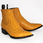 Men's Full Quill Ostrich Print J-Toe Short Ankle Western Cowboy Boots - Buttercup