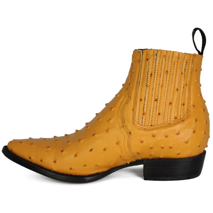 Men's Full Quill Ostrich Print J-Toe Short Ankle Western Cowboy Boots - Buttercup